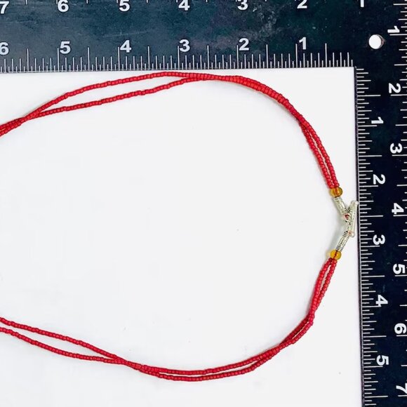 Red Beaded Pendant Necklace, Ethnic Unique Necklace, Beaded Chain Handmade - Picture 4 of 8